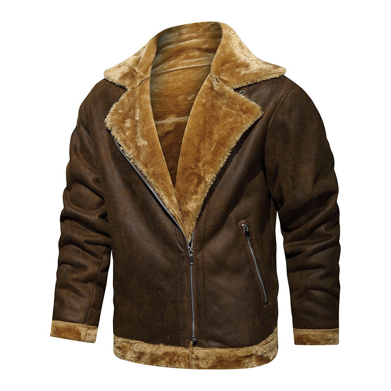 1970 East West Leather Jacket Fur One-Piece Fleece-Lined Men's Retro Biker's Thermal and Windproof Zipper Jacket