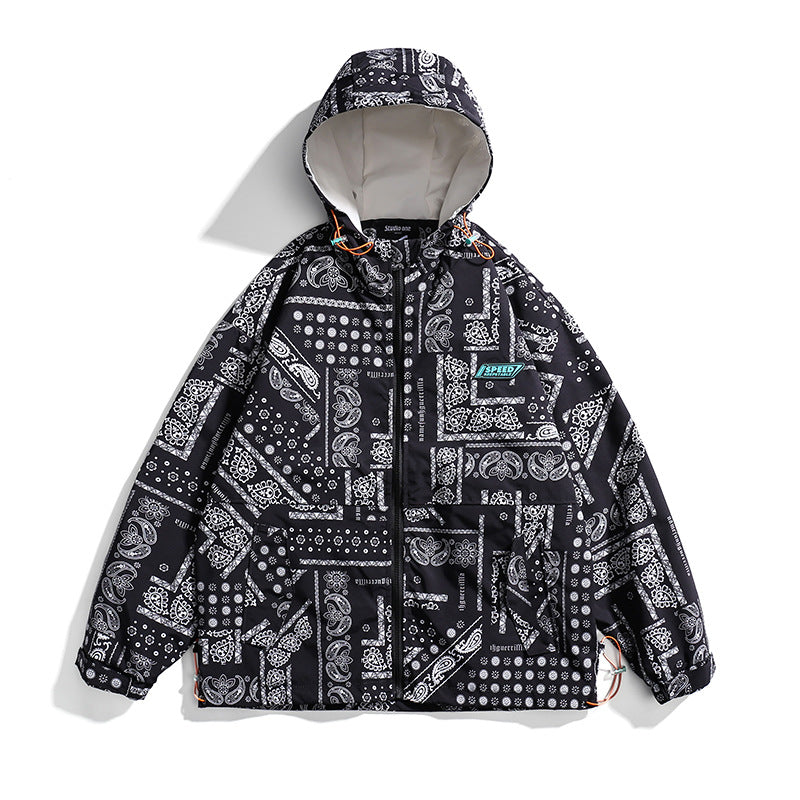Spring Trendy All-Match Printed Hooded Jacket Men's Large Size Sports Retro Jacket Men Jacket