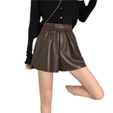 Leather Shorts Autumn and Winter Loose Wide Leg High Waist Slim Fit A- line Outerwear Leather Pants Pu Boots Shorts