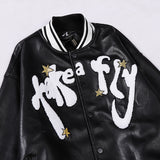 Two Tone Leather Jacket Letter Embroidered Long Sleeve Baggy Coat Men's and Women's Leather Baseball Uniform