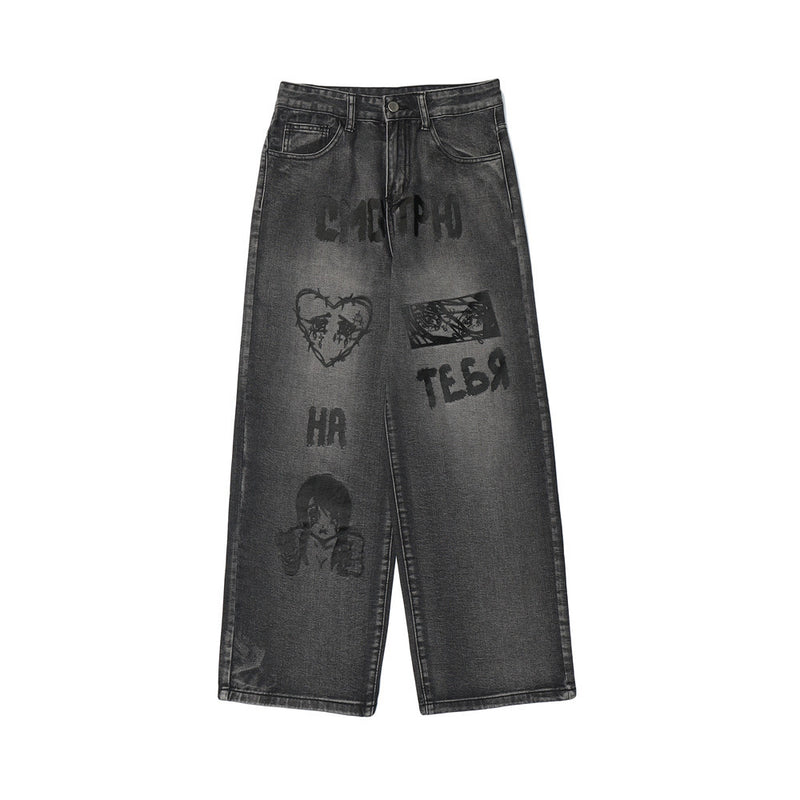 Cartoon Jeans Men's plus Size Retro Sports Trousers Casual Trousers Men Jeans