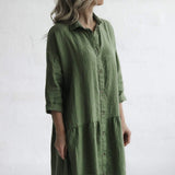 Green Fairycore Dress Idle Style Cotton and Linen plus Size Casual Polo Collar Solid Color Shirt Dress for Women