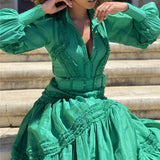 Green Fairycore Dress Pastoral Princess Dress Autumn French Style Vintage Single-Breasted Stitching Solid Color Waist Tight Long Dress