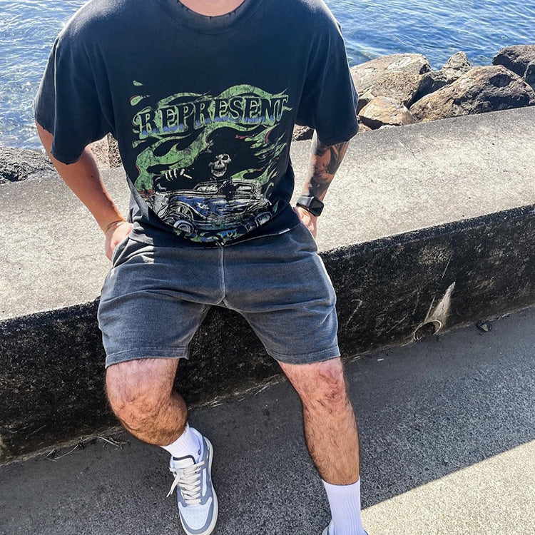 Present Letter Print T Shirt Soul Skull off-Road Vehicle Vintage Wash Short Sleeve Loose Couple T-shirt