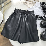 Leather Shorts Elastic Butterfly Tied High Waist Wide Leg Shorts Women Autumn Boot Pants