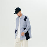 Men Shacket Long Sleeve Autumn Shirt Fashion Campus Stitching Lapel Long Sleeve Striped Couple Shirt
