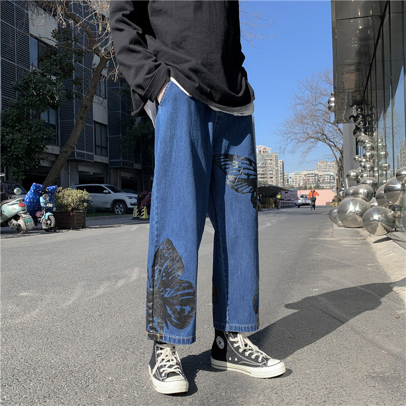 Butterfly Printed Jeans Loose Straight Cropped Pants Printed Big Bowknot Jeans for Men