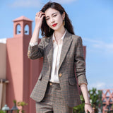 Women Pants Suit Uniform Designs Formal Style Office Lady Bussiness Attire Plaid Fall Winter Fashion Work Two-Piece Set