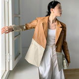 Two Tone Leather Jacket Vintage Contrast Color Twill Loose Profile Stitching Leather Coat Women