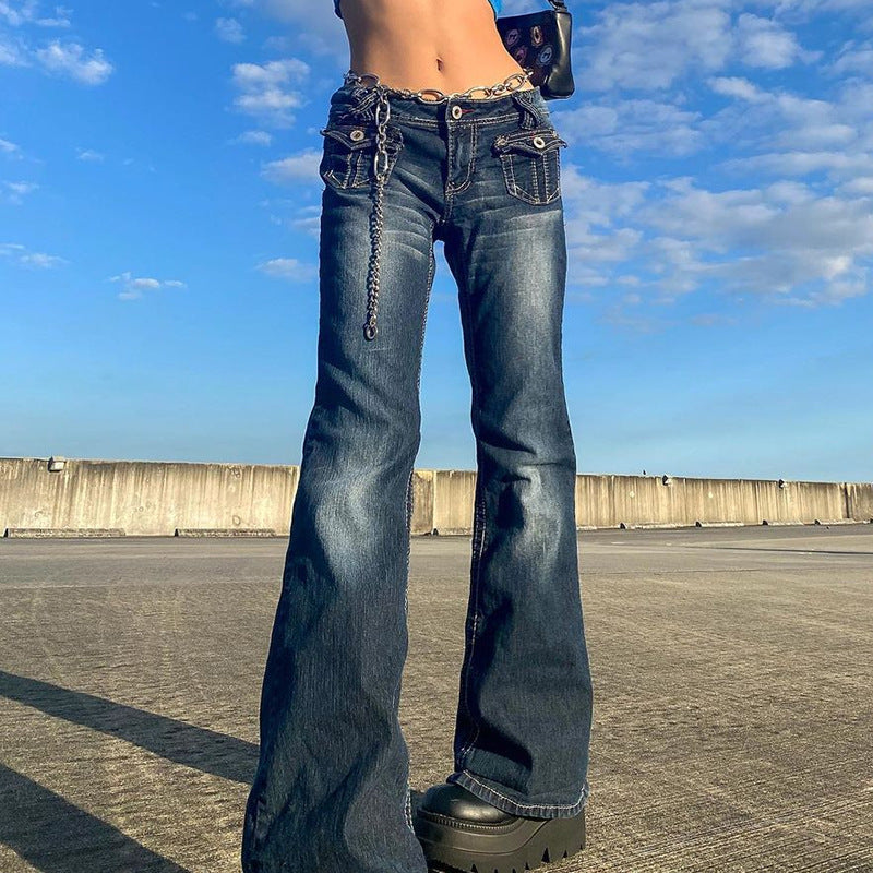 Low Rise Jeans Vintage Distressed Trendy Hot Girl Low Waist Pocket Jeans for Women