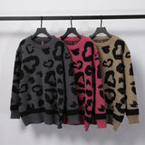 Men Fall Outfits Hip Hop Retro Leopard Print Round Neck Sweater Loose Sweater