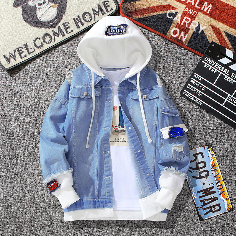 Varsity Men's Autumn Hooded Denim Jacket Baseball Jacket Versatile Casual Clothes Large Size Loose Men Denim Jacket