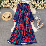Russian Style Dress Women's Autumn and Winter Stand-up Collar Slim Fit Long Retro Printed Dress