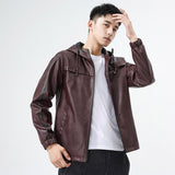 80's Leather Jacket Men's Autumn Coat Young Men's Fleece-Lined Fall Winter Hooded Leather Jacket