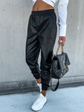 Leather Leggings Fall/Winter Mid Waist with Pockets Casual Long Leather Pants Women