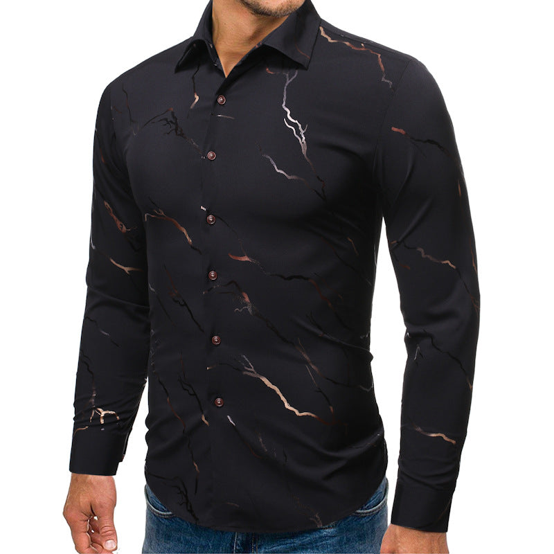 Men's Fashion Bronzing Casual Polo Collar Men's Long Sleeve Printed Shirt Fashion Stand Collar Foreign Trade Men's Shirt Men Shirt