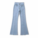 100 Cotton Jeans Women Autumn High Waist Two Buttons Middle Seam Stitching Edging Bootleg Pants