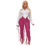 Faux Leather Pants Fall/Winter Binding Tape Tassel Strap Solid Color PU Leather Pants High Waist