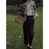 80's Leather Jacket Women's Fall Lapels Long Sleeve Solid Color Motorcycle Jacket