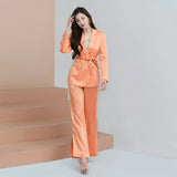 Women Pants Suit Uniform Designs Formal Style Office Lady Bussiness Attire Autumn Waist Slimming and Fashionable Long Sleeve Tied High Waist Wide Leg Pants Two-Piece Set Women