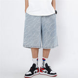 Men Jean Shorts Letter Printed Washed Denim Shorts Men's Summer Street Casual Loose Straight Shorts