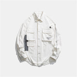 Men Shacket Long Sleeve Autumn Shirt Autumn Leisure Long Sleeve Letter Print Pocket Loose Overalls