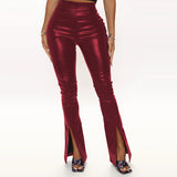 Faux Leather Pants Sexy PU Leather Pants Classic High Waist Stretch Flared Pants Female Split Trousers