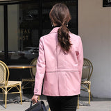 Hot Pink Motorcycle Jacket Mid-Length Casual Coat Spring Genuine Leather Clothes