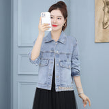 Women's Leather Jacket with Patches Spring and Autumn Smiling Face Embroidery Denim Jacket Women's All-Match Small Jacket