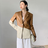 Two Tone Leather Jacket Vintage Contrast Color Twill Loose Profile Stitching Leather Coat Women