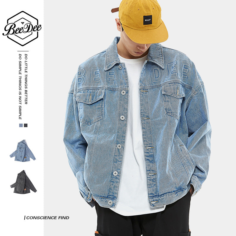 Spring Denim Jacket Male Letter Loose Casual Two-Color Men's Top Plus Size Men Denim Jacket