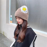 Women Beanies Smiling Face Big Patch Hat Beanie Hat Skullcap Female Autumn and Winter Thermal Knitting Woolen Cap
