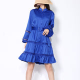 Green Fairycore Dress A- line Dress Autumn Small Stand Collar Single-Breasted Hollow out Stitching Lantern Sleeve Dress