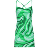 Green Fairycore Dress Abstract Seaweed Printed V-neck Small Sling Dress for Women