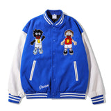 Mens Fall Outfits Hip Hop Retro Cartoon Flocking Baseball Uniform Jacket Loose PU Leather Stitching Jacket