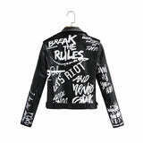 Graffiti PU Leather Jacket Autumn and Winter Letter Printed PU Leather Coat Waist Trimming Coat