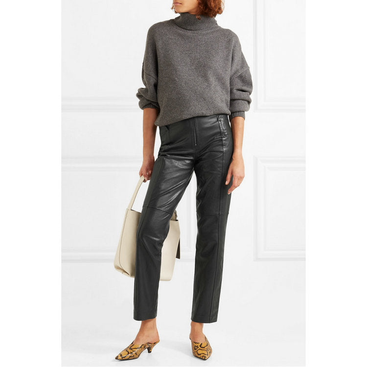 Black Leather Pants Autumn Women's Pants High Waist Real Sheepskin Straight Ankle-Tied Cigarette Pants