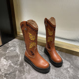 Coachella Ankle Boots Autumn and Winter Slimming Embroidery Western Cowboy Boot Mid-Calf Martin Boots
