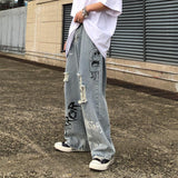 Anime Print Jeans Denim Pants Denim Loose Wide-Leg Straight Trousers Men