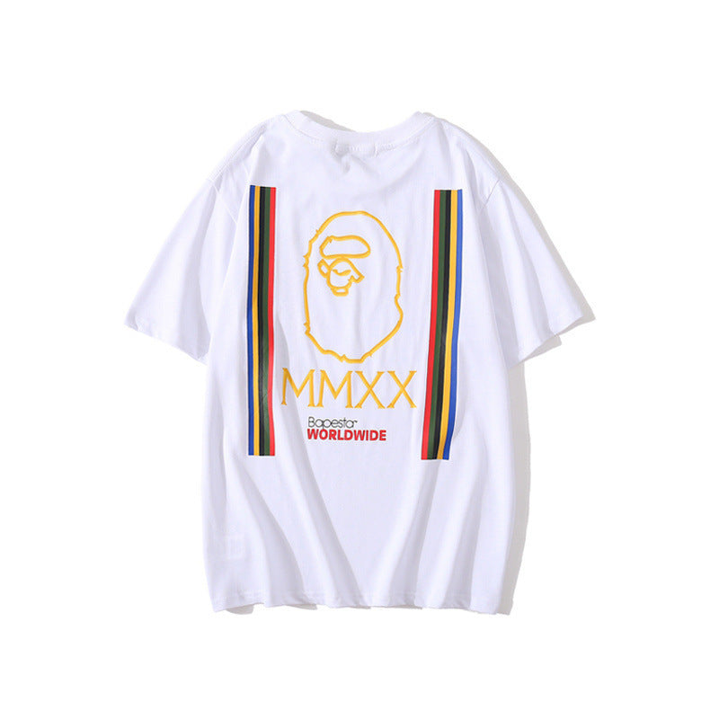 A Bath Ape T Shirt Summer Menswear Cotton Shark Head Color-Striped Printing T-shirt Short Sleeve Women