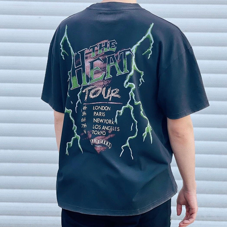 Present Letter Print T Shirt Present Parade Vintage Lightning Skull Washed Half Sleeve Vintage Casual round Neck Couple Short Sleeve T-shirt