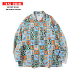 Mens Fall Outfits Vintage Long Sleeve Printed Shirt Loose Baggy Couple Shirt