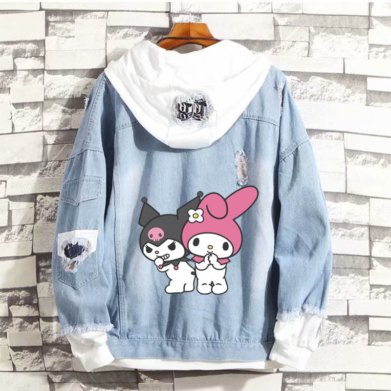 Kuromi Zip up Hoodie Denim Fake Two-Piece Cartoon * Onegai My Melody Printed Jacket Casual Coat