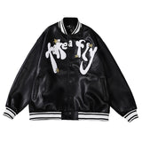 Two Tone Leather Jacket Letter Embroidered Long Sleeve Baggy Coat Men's and Women's Leather Baseball Uniform