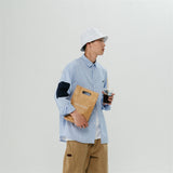 Men Shacket Long Sleeve Autumn Shirt Loose Long Sleeve Striped Embroidered Lapel Shirt for Men