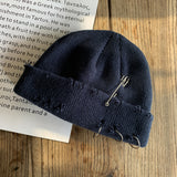 Toque Ring Pin Hip Hop Woolen Cap Autumn Winter Couple Ripped Hat for Men and Women Knitted Hat