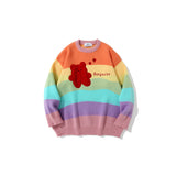 Mens Fall Outfits Rainbow Striped Cartoon Bear Couple Sweater Vintage Knitted Jacket