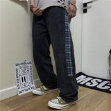 Harajuku Clothing Men Classic Retro Pants Straight Leg Pant Summer Vintage Straight-Leg Pants Jeans Plaid Stitching