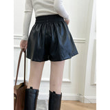 Leather Shorts Fall/Winter High Waist PU Leather Pants Women's Shorts Fleece Padded Wide Leg Slim Fit Boot Pants
