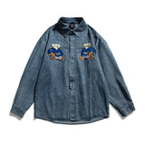 Men Shacket Long Sleeve Autumn Shirt Fall Lapels Washed Denim Shirt Cartoon Coat Loose Top